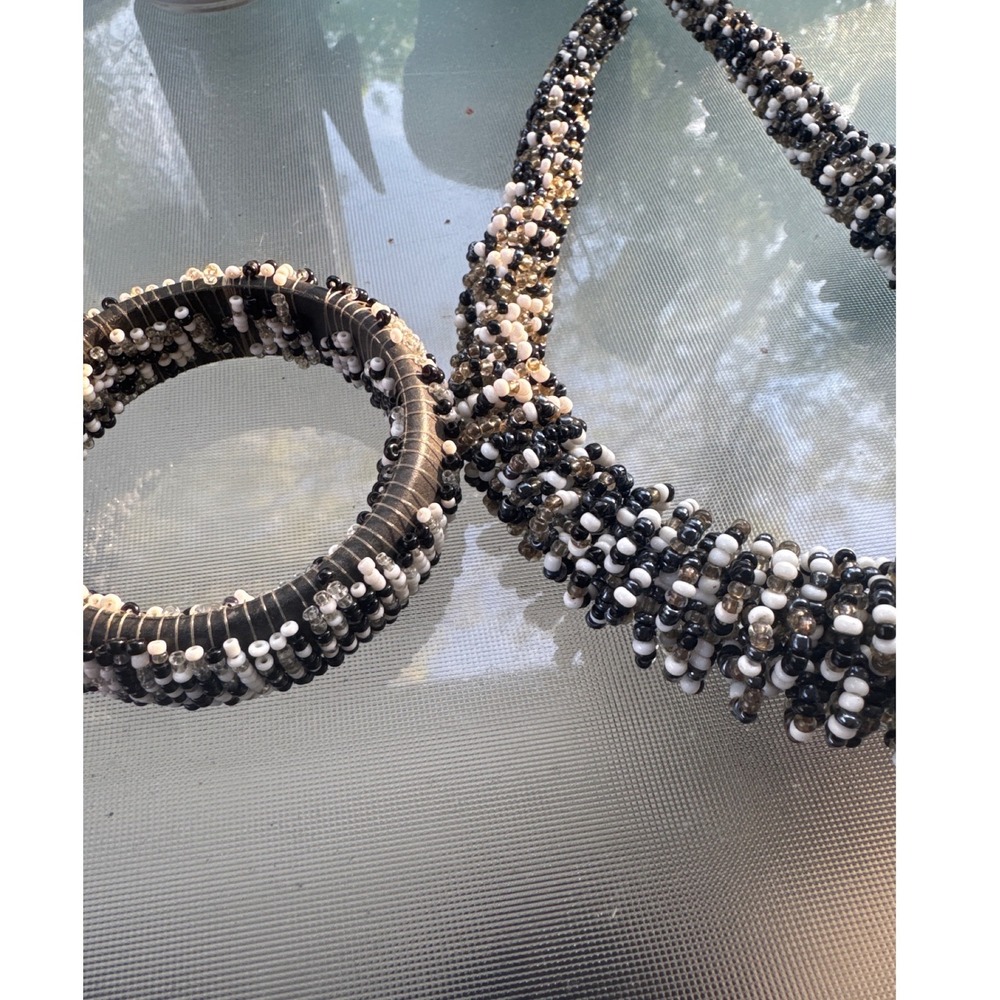 Vintage Handmade Bead Jewelry‎ Black White Amber Bib Necklace & Bangle Bracelet